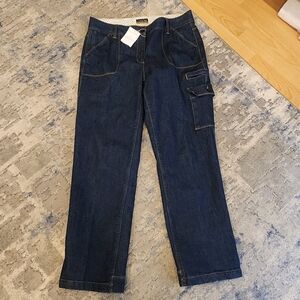 Lands' End Lined Cargo Jeans Darkwash Straight 7 Pockets Size 14